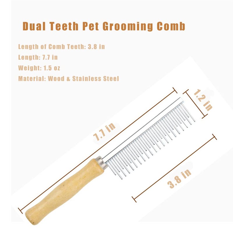 koofull Dog Cat Grooming Comb with Wooden Handle Stainless Steel Teeth, Pet Grooming Supplies Accessories for Hairy Pets (Dual Teeth) - Image 2